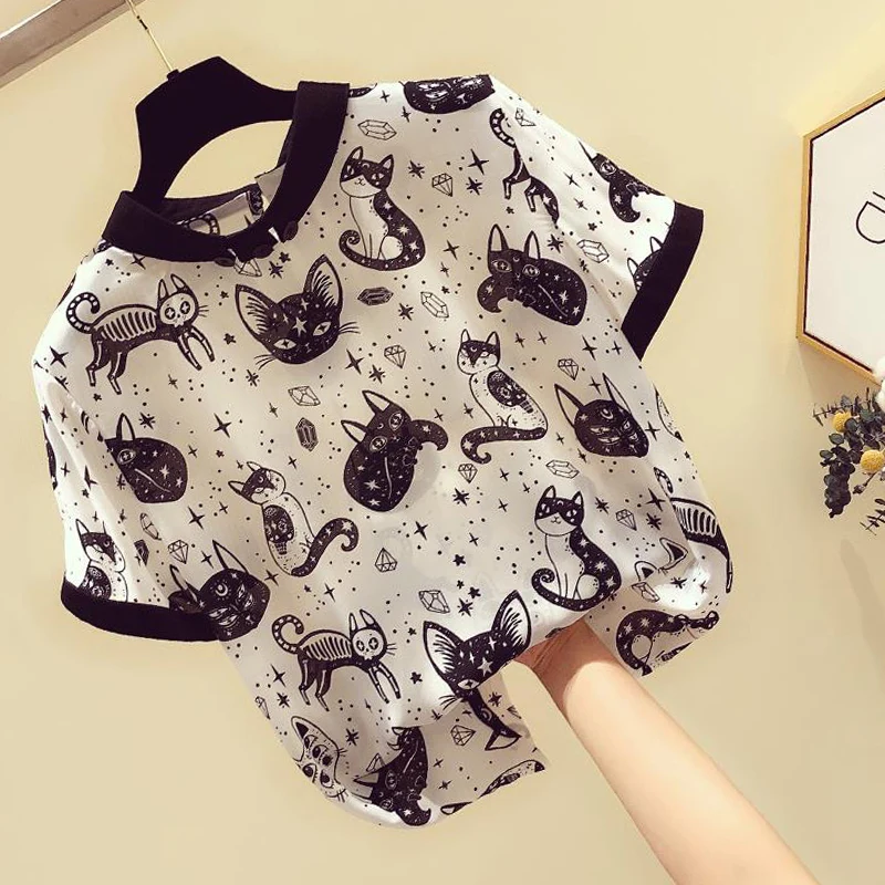 

Women Shirt Summer Chiffon Blouse Vintage Cat Print Tops Office Slim Short Sleeve Blouses Korean Lady Black White Blusas mujer