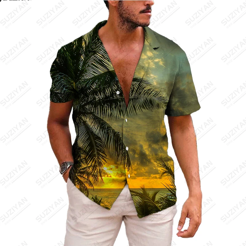 

Men's summer short sleeved V-neck button up cardigan top 3D printed loose casual Hawaiian minimalist plus size high-end newstyle