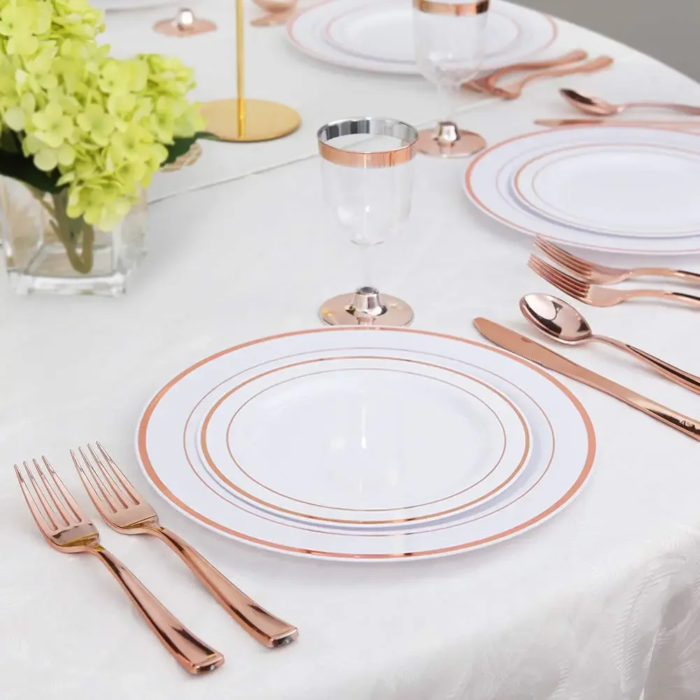 

Rose Gold Disposable Plastic Plates-Rose Gold rim Wedding Party Plates,Premium Heavy Duty Dinner Plates and Salad Plates-25Packs