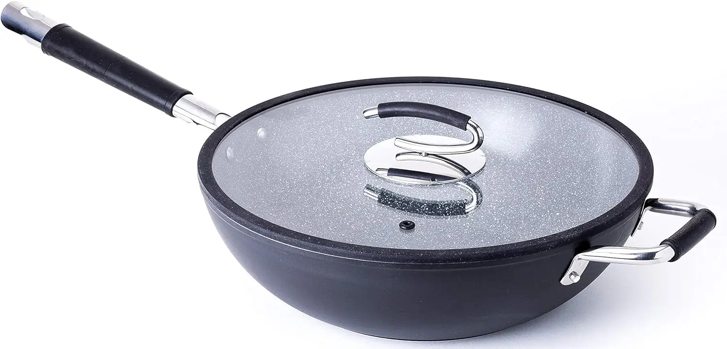 

13 Inch Wok with Glass Lid | Italian Made Ceramic Wok Pan Chef's Favorite Large Wok for All-Around Ease of Cooking Eggs, Bur Sta