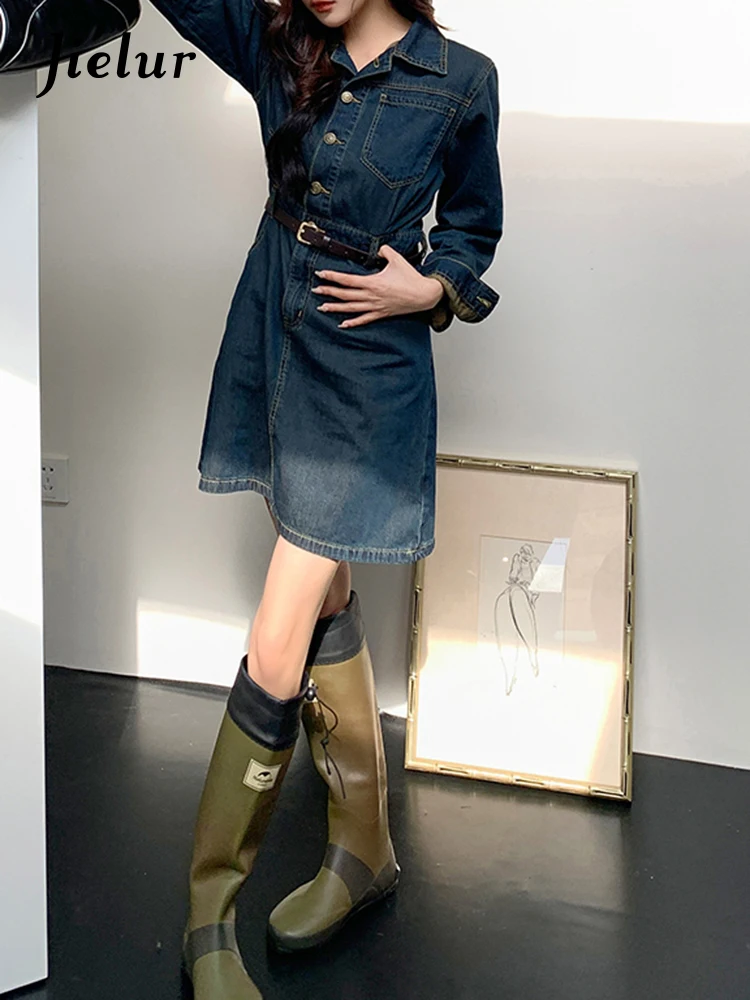 Jielur Женское джинсовое платье-поло голубое Элегантное однобортное винтажное