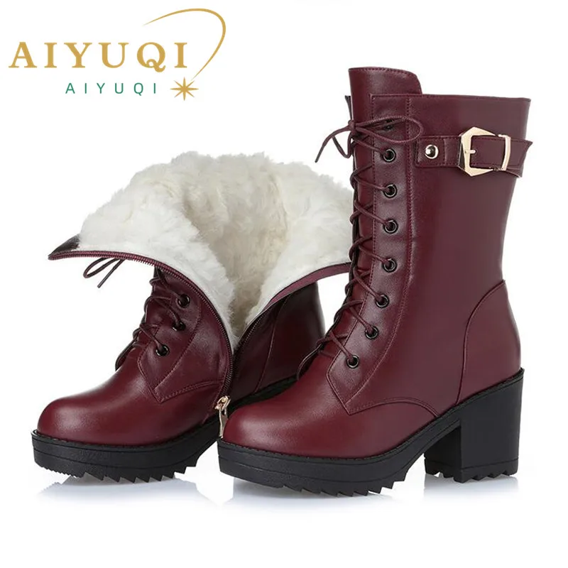 Купи High-heeled genuine leather women winter boots thick wool warm women Military boots high-quality female snow boots K25 за 2,824 рублей в магазине AliExpress