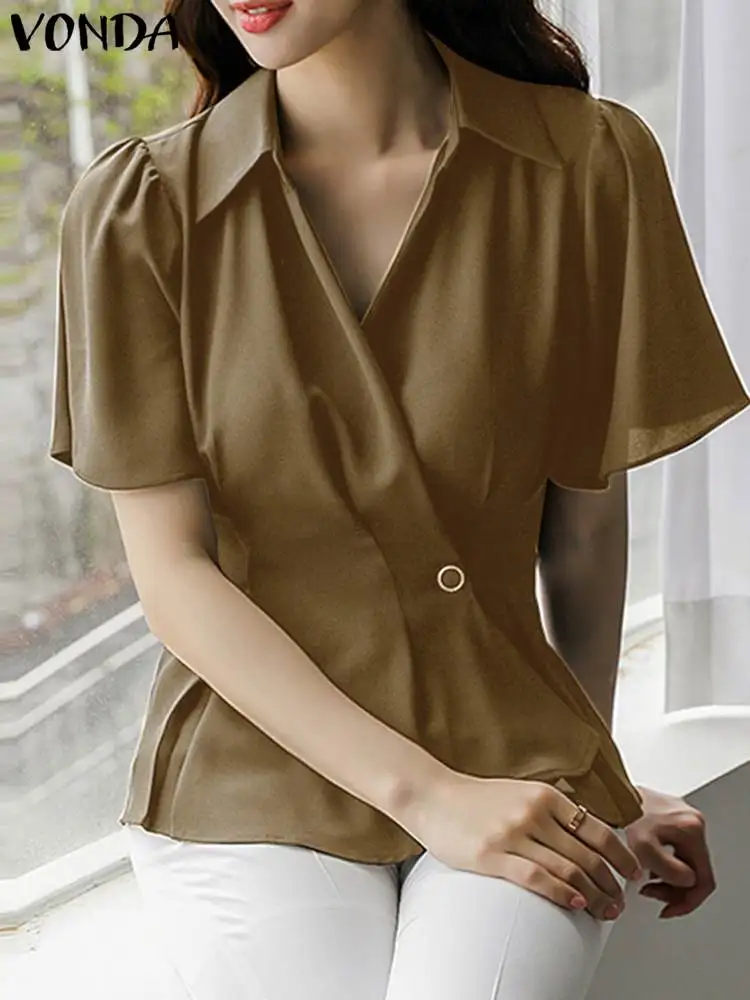

VONDA Women Sexy V-Neck Shirts Summer Short Sleeve Blouses 2023 Elegant Solid Color Button Ruffled Top Loose Casual Blusas Femme