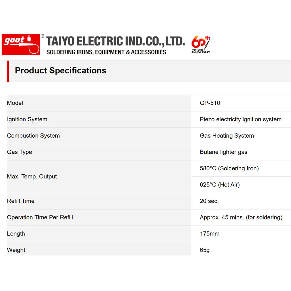 Оригинальный японский газовый паяльник GOOT GP-510 Portasol Pro Piezo, с пьезоподжигом, компактный тип. (art.: 3920db077ca95) - 3920db077ca95