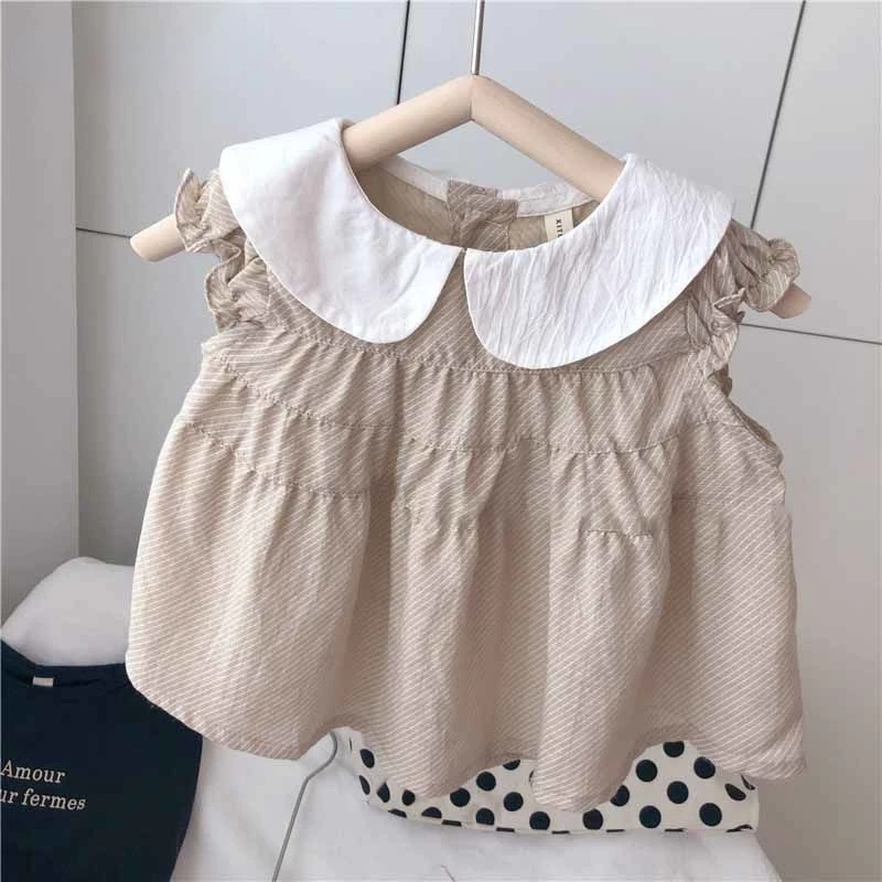 

Kids Baby Girls Summer Sleeveless Cotton Peter Pan Collar Casual Ruched Tops Shirts Toddler Children Blouses Clothes