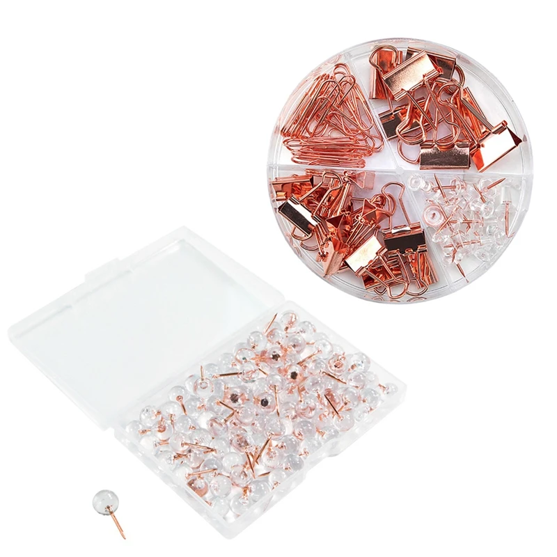 

Fashion Binder Clips Paper Clips Push Pins Sets With Box With 100Pcs Rose Gold Push Pins Thumbtacks