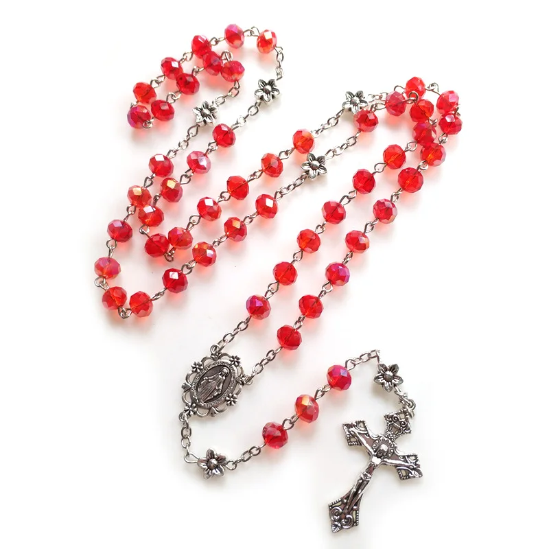 

QIGO Catholic Long Crystal Beads Strand Cross Rosary Necklace Religious Pray Jewelry