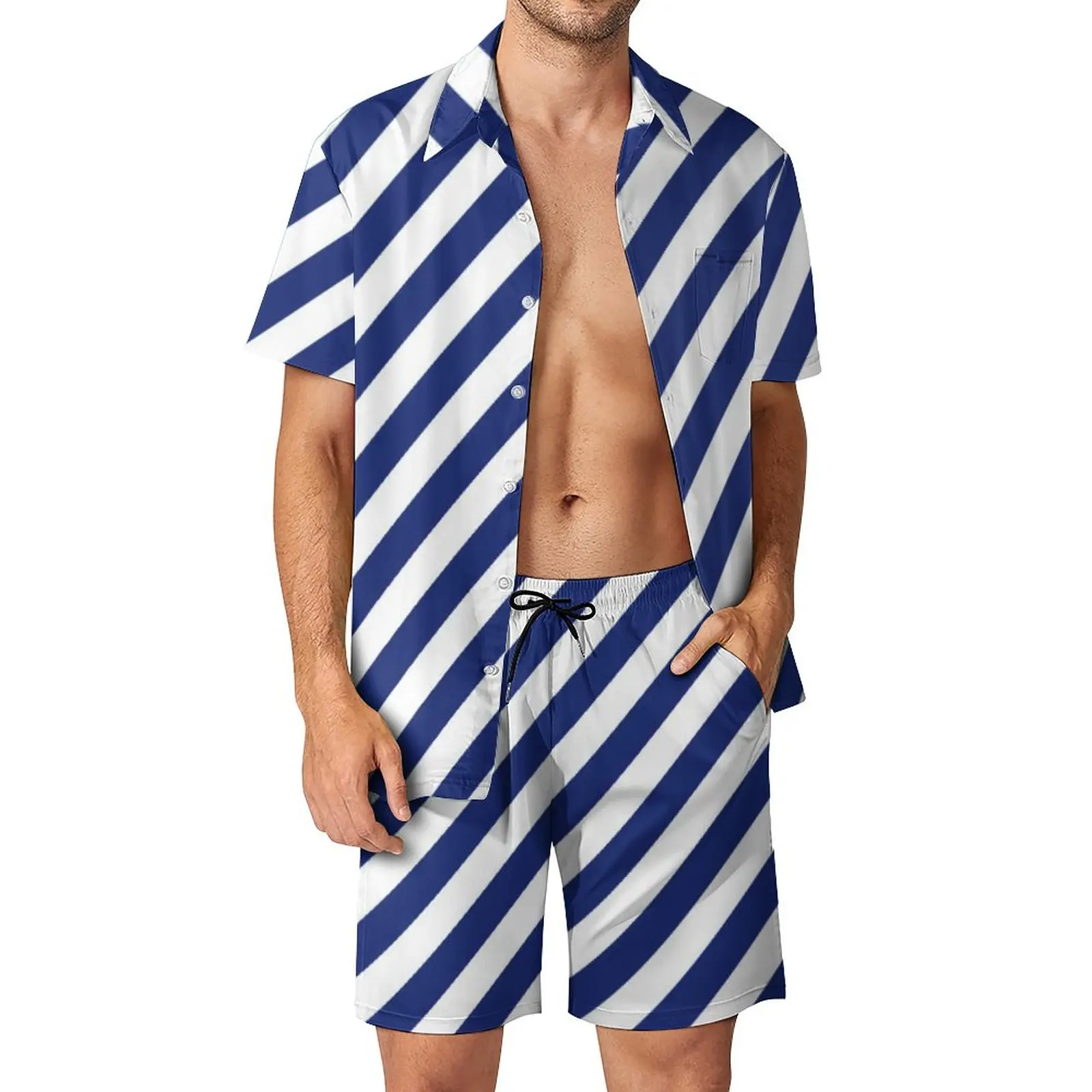 

Navy Blue White Nautical Men Sets Diagonal Stripes Casual Shorts Summer Fashion Outdoor Shirt Set Short-Sleeved Oversized Suit