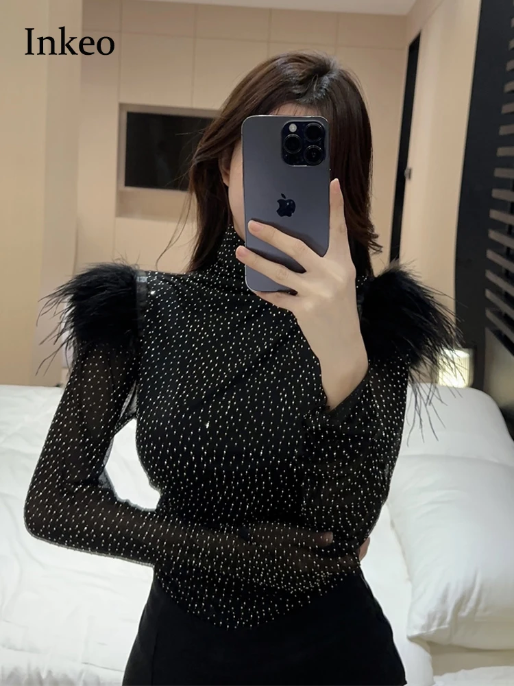 Женская Сетчатая футболка-стрейч с высоким воротником