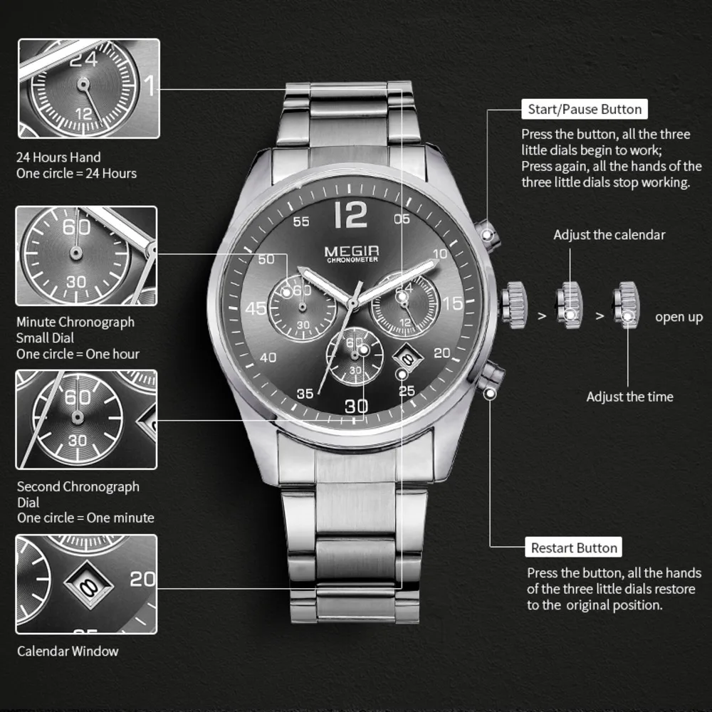 Часы наручные MEGIR мужские с хронографом брендовые деловые повседневные