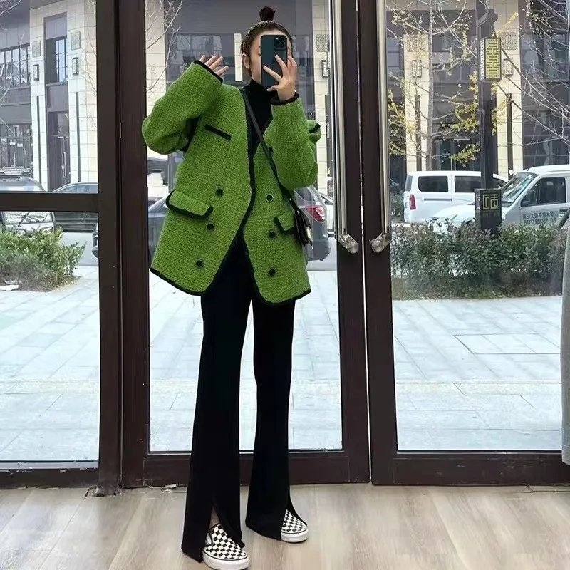 

Green Plaid Tweed Coat Female Autumn Winter Mid-Long Women V-neck Woole Coats Fashion Double Breasted Chic Tweed Jacket Outwear