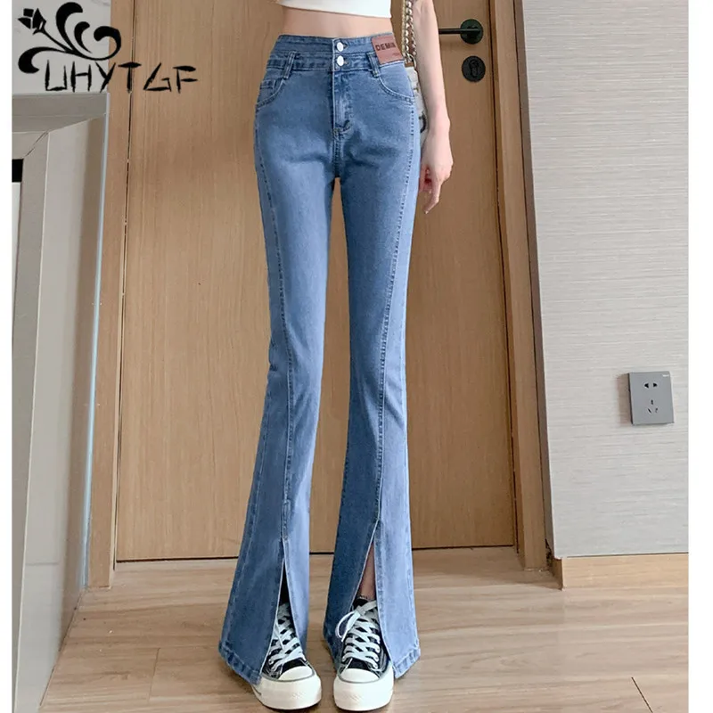 UHYTGF Spring And Autumn Jeans Women Slit Straight Pants High Waist Simming Wide Leg Slit Micro Horn New Ladie Denim Trousers04