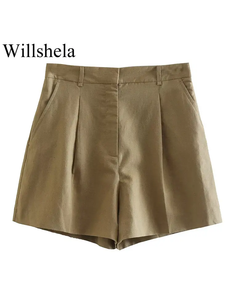 

Willshela женские модные коричневые плиссированные мини-шорты на молнии спереди, винтажные женские шикарные шорты с высокой талией