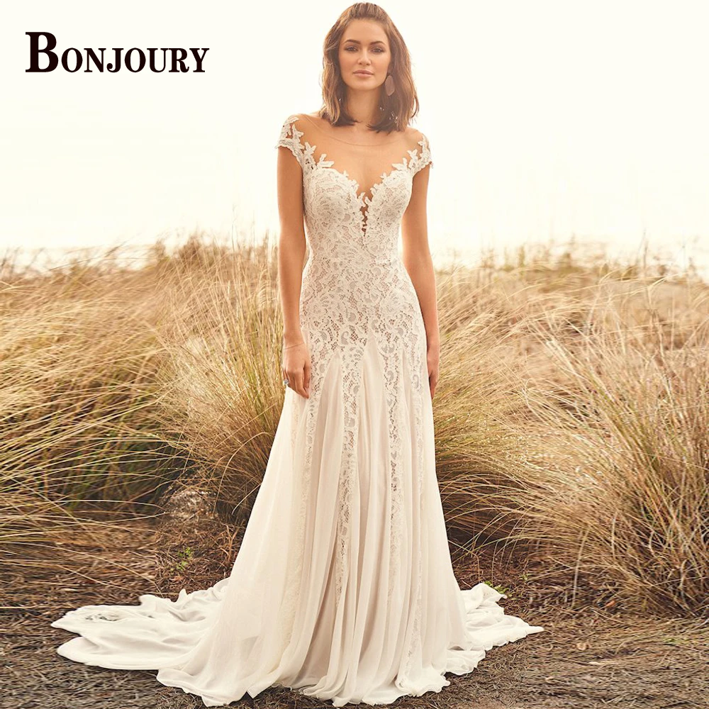 

BONJOURY Fancy Wedding Dresses For Women 2023 Bride Appliques SCOOP Lace Backless OFF-Sleeve Custom-Made Vestido De Novia