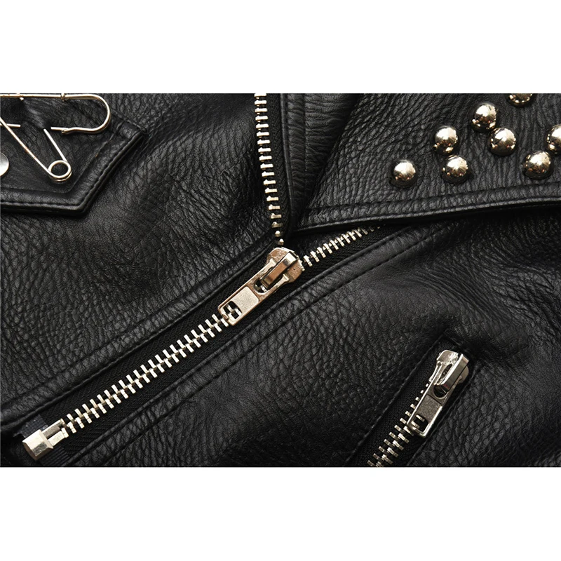 Motorcycle Leather Jacket Women Short Fashion Rock Punk Studded Streetwear Printed Black PU Leather Heavy Coats jaqueta de couro