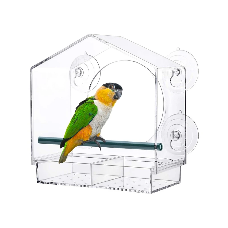 

Прозрачная акриловая кормушка для птиц с окошком, съемный лоток для семян попугаев, крепление на сильной присоске, миска для кормления, аксессуар для птичьей клетки