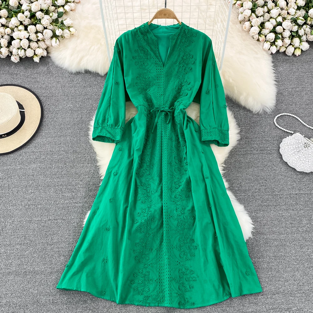 

SuperAen 2022 Spring Autumn V-Neck Solid Full High Waist Thin Embroidered A-line Mid-Calf Casual Dresses for Women