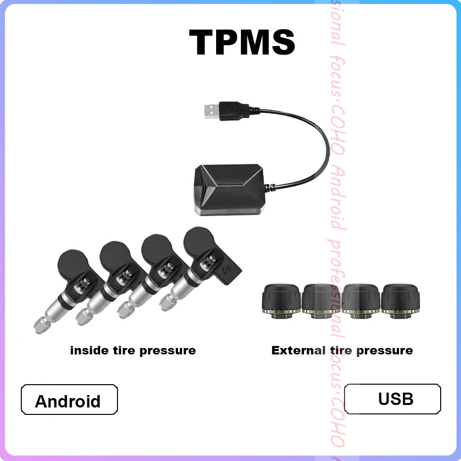 USB Android TPMS Tire Pressure Monitoring System Wireless Transmission 8 bar 116 psi Alarm System 5V Internal External