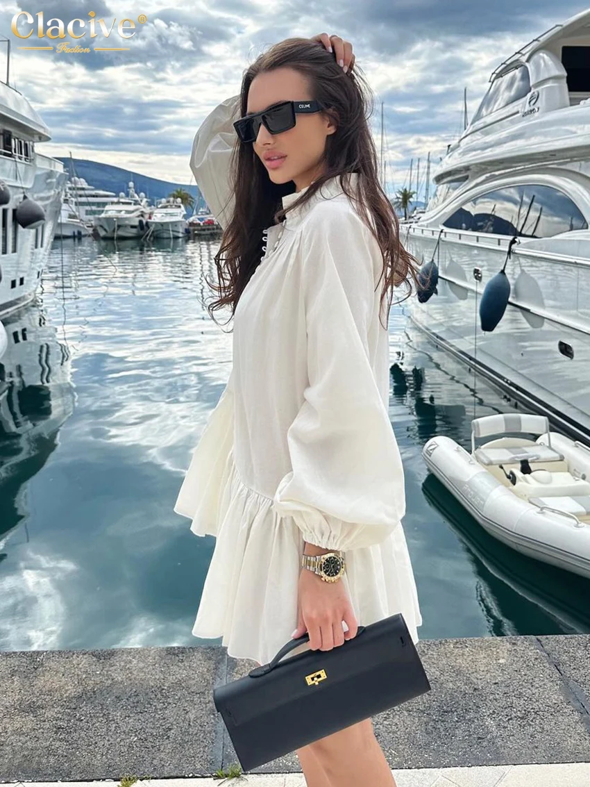 Модное свободное белое льняное платье Clacive повседневное женское мини-платье с