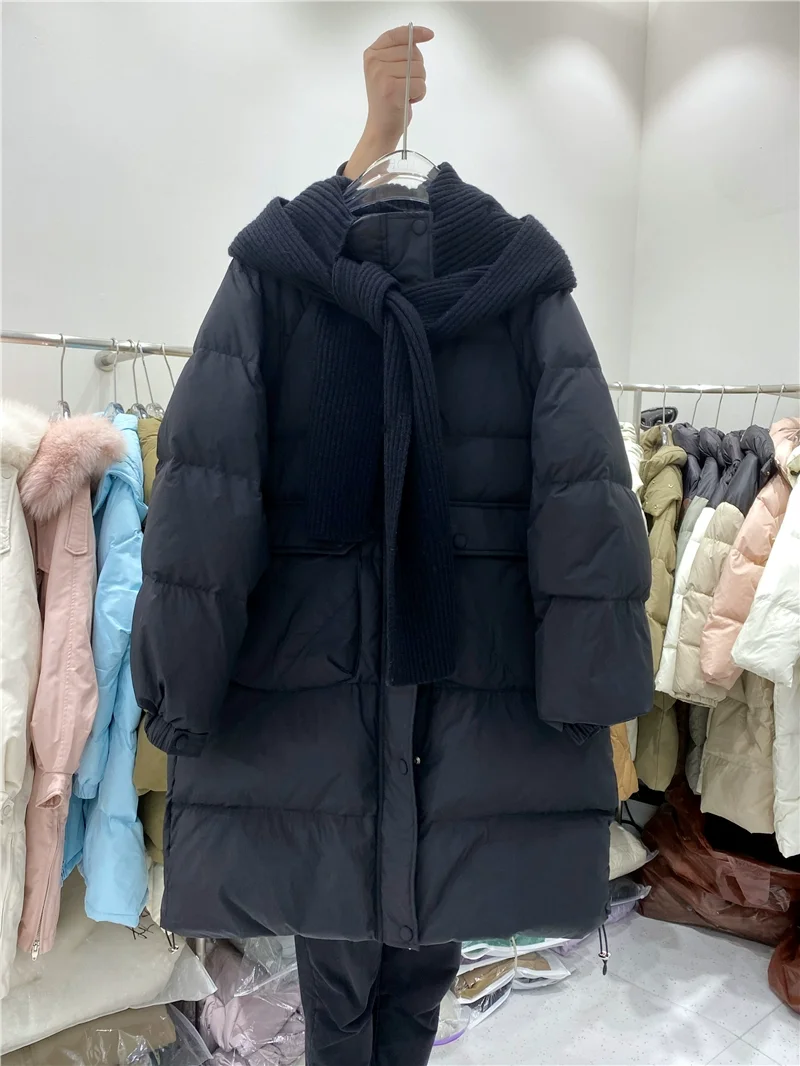 New Women's Long Fake Two Piece Down Jacket Coat, Detachable Knitting Hooded Large Loose White Duck Down Winter Women's Jacket