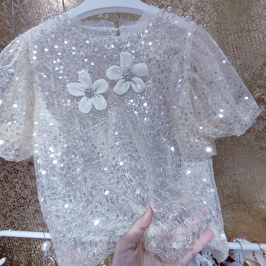 

Fairy 3D Flowers Pearls Beaded Mesh T-shirts Shirts Bubble Sleeve Perspective Sequined Diamonds Gauze Tees Shiny Blouses Tops
