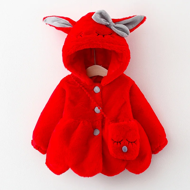 Autumn Winter Warm Hooded Outerwear Toddler Girl Clothes Cute Rabbit Ears Plush Baby Jacket Christmas Sweet Princess Girls Coat