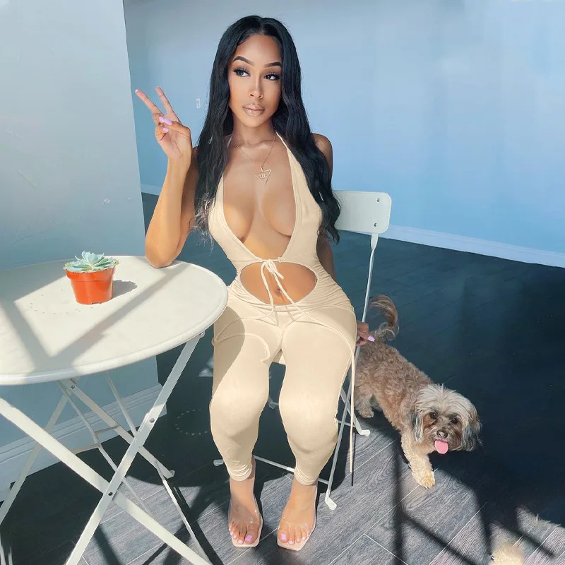 

American women's clothing hot sale in spring 2022, pure color, sexy, open back, V-neck, necktie, slim fit, one-piece pants