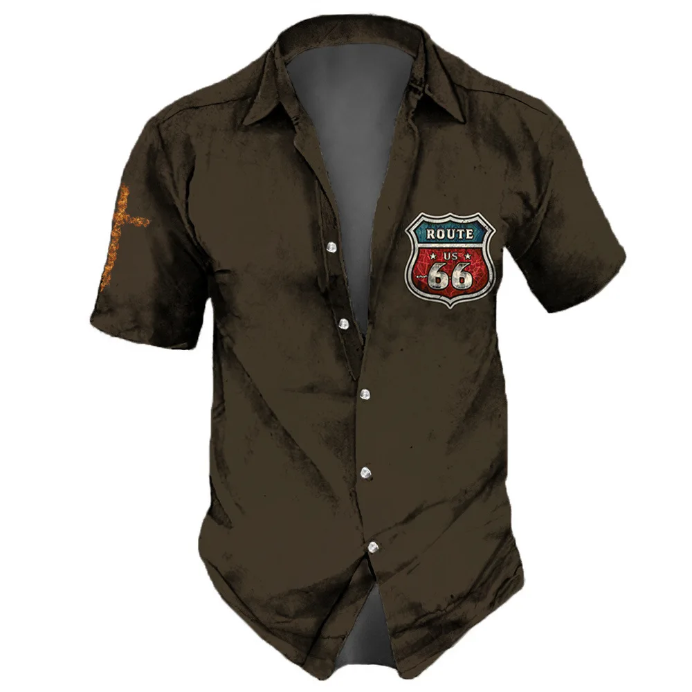 

2023 New Men'S Casual Dark Short Sleeve 3D Printed Route 66 Summer Soft Material Shirt Man Vintage Street Aloha Shirts Male Tops