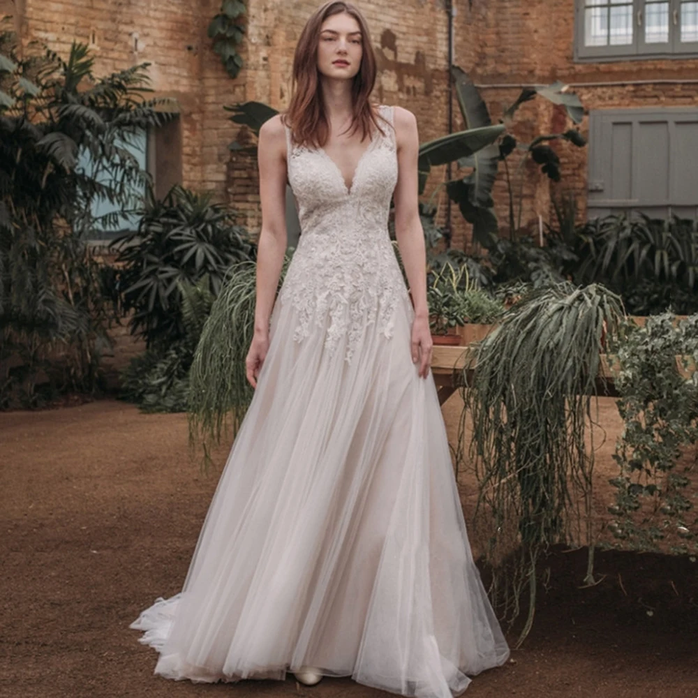 

Платье Свадебное без рукавов с открытой спиной и кружевной аппликацией из тюля, ТРАПЕЦИЕВИДНОЕ, со шлейфом, для невесты, 2022