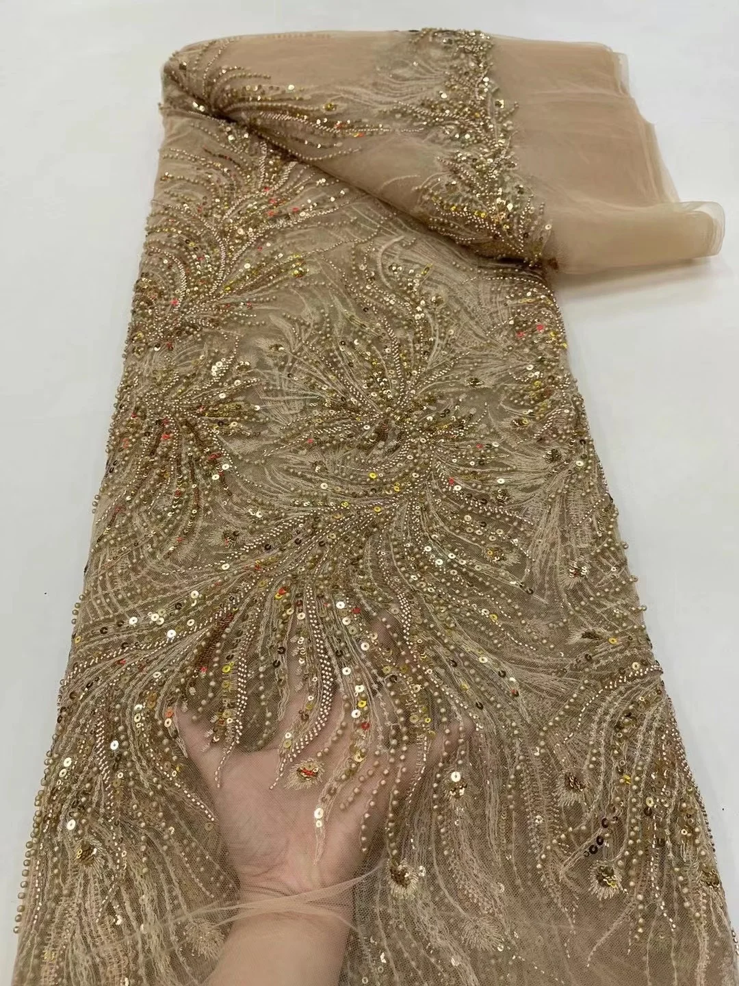 

High Quality Gold Beaded Lace with Sequin African French Tulle Lace Fabric Embroidery Handmade Beads Lace Fabric for Sewing