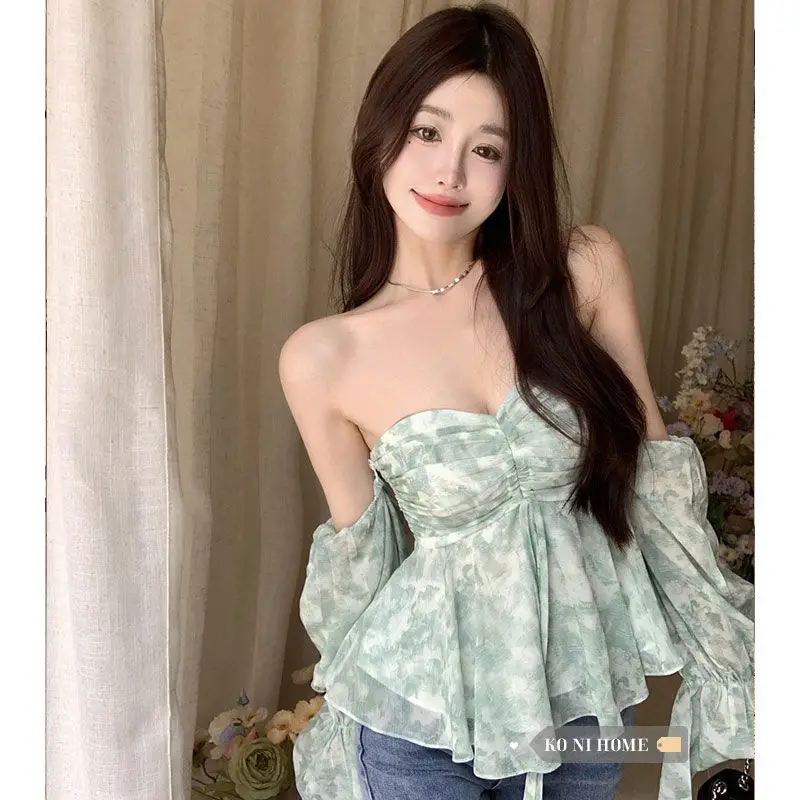

Sexy Women Off Shoulders Floral Printed Ruffles Chiffon Shirt Pleated Long Lantern Blouses Summer Slash Neck Long-sleeved Tops