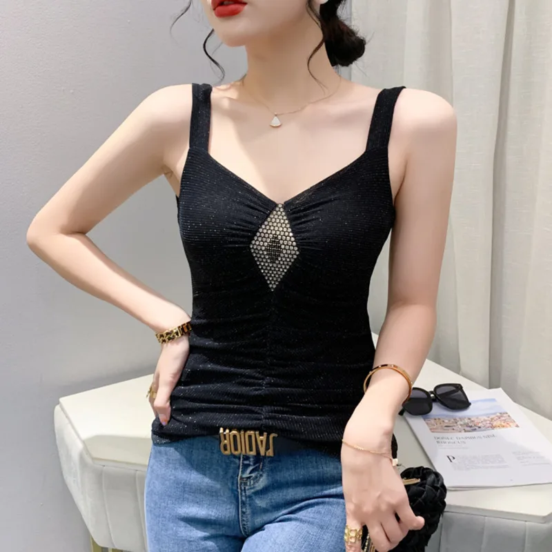 

#5364 Backless Camis Top Women Diamonds Sexy Clubwear Short Mesh Tops Femme Tight Folds Basic Sleeveless Top Cropped Outerwear