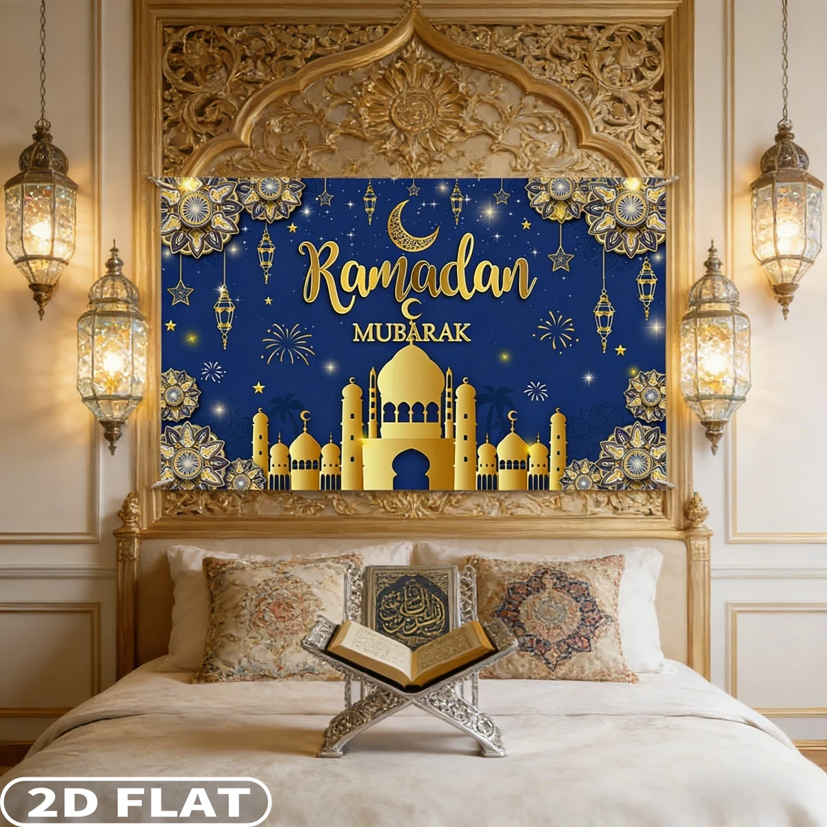 Фото 2D FLAT 1 шт. Рамадан Мубарак праздничные фоны, полиэстер синее золото мусульманский карим баннер Ид аль-Адха Мубарак вечерние Декор баннер №3