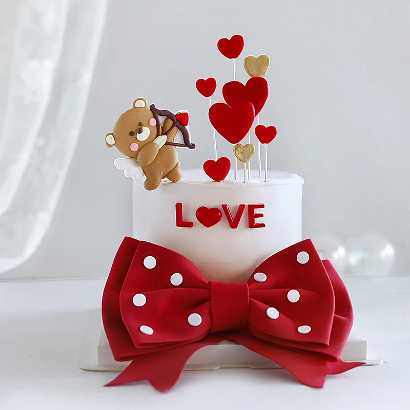 

Angel Cupid Bear Hearts Love Red Big Bow Cake Topper for Valentine's Day Birthday Party Anniversary Wedding Cake Decoration