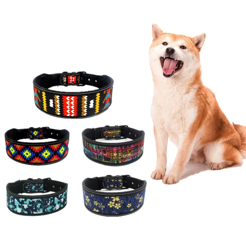 

Fashion Pet Dog Collars Comfortable Reflective Pet Collar Medium and Large Dog Collar Printed Light Board Dog Collar Dog Leash