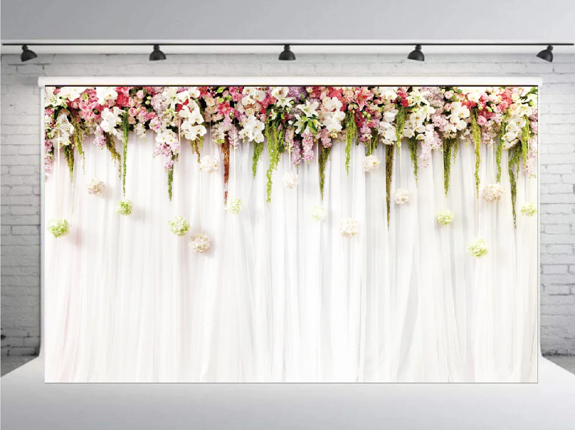 

Photography Backgrounds Wedding White Curtain Blossom Floral Garland Wall Party Decoration Backdrops For Photo Studio