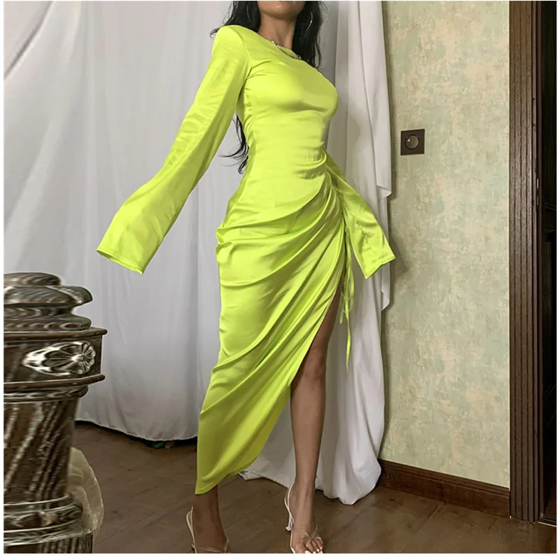 

Женское облегающее платье с длинными рукавами, универсальное Плиссированное Платье С Боковым Разрезом и завышенной талией в европейском и американском стиле, модель 2023 года