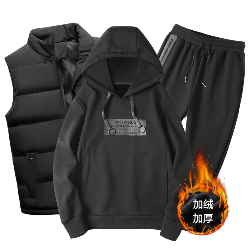 2022 Winter Track Suit Men's Casual Running Suit Male Vest + Jacket + Sports Pants Three-piece Plus Velvet Thick Sports Joggers