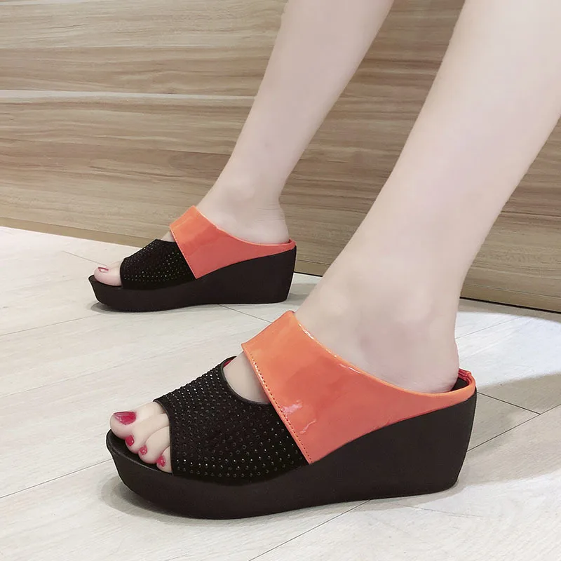 

New Summer Fashion Heeled Sandals Square Toe Flip-flops Shallow PU Leather High Heels Slippers Women Shoes