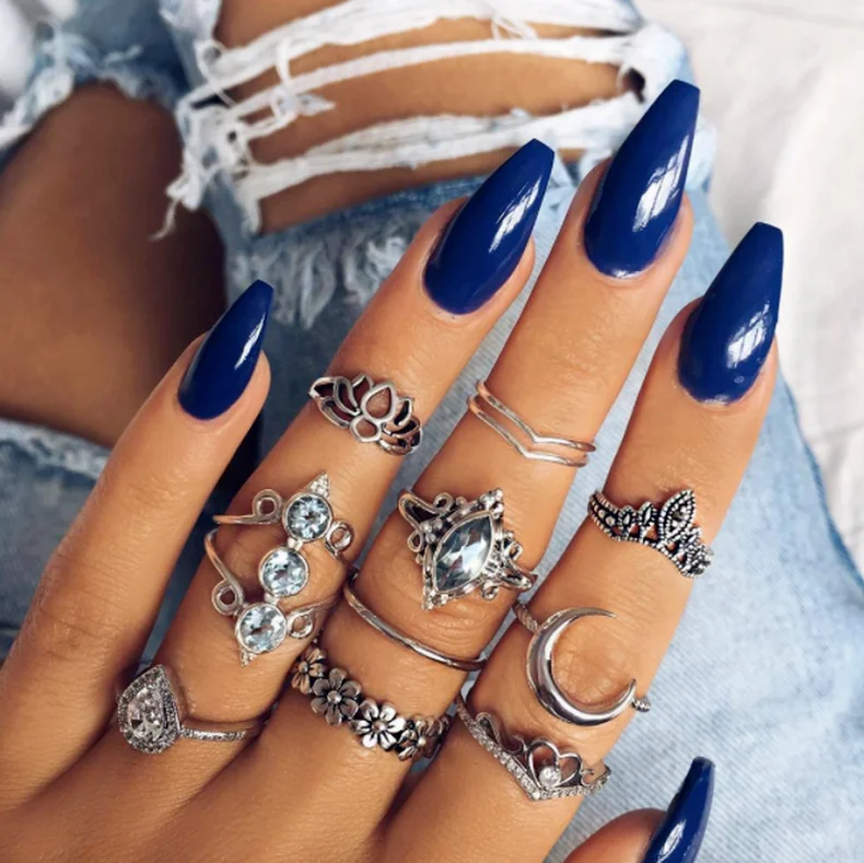 

10 Pcs/Set Geometric Water Drop Diamond Lotus Moon Joint Ring Fashion Accessories for Women