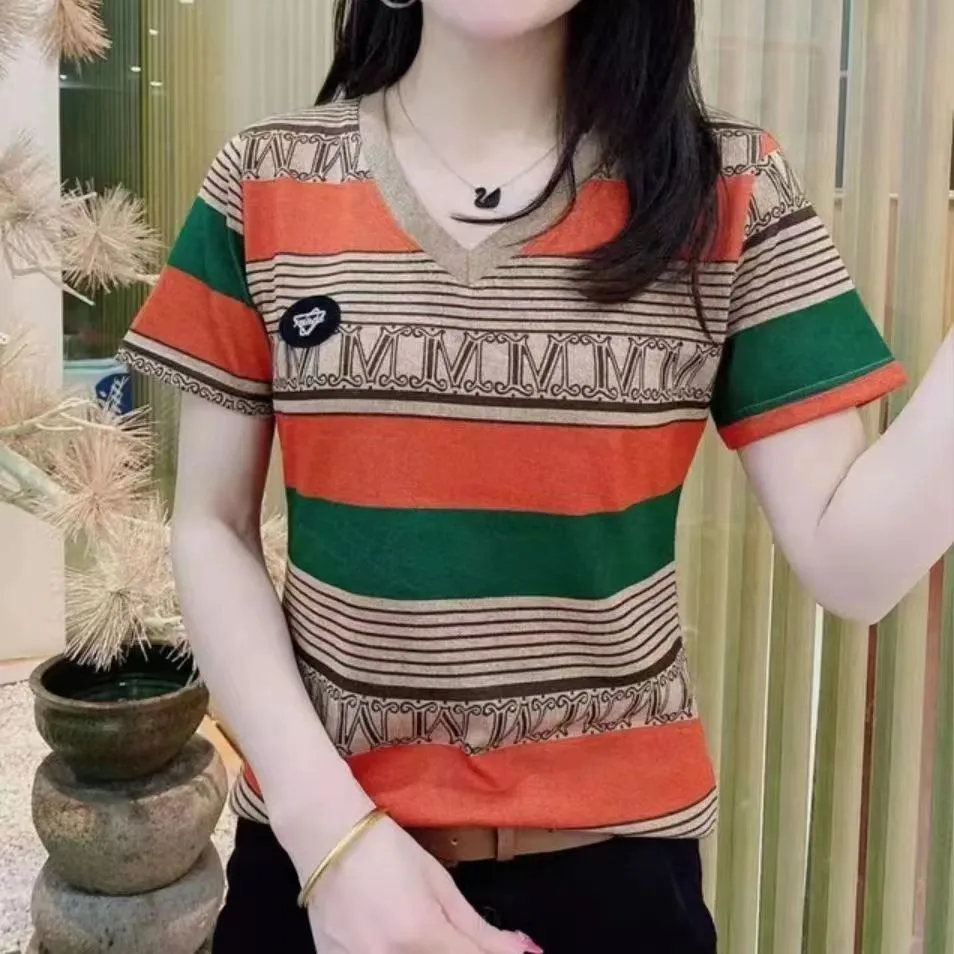 

Striped Print Appliques V Neck Short Sleeve Loose Ladies Tops 2023 Summer Fashion Womens Casual Ice Silk Tees T-shirts Clothing