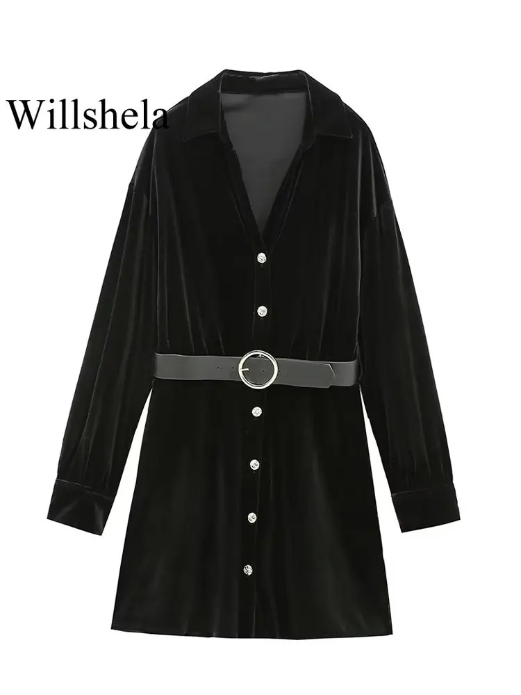 

Willshela женское модное черное однобортное мини-платье с поясом, винтажное женское платье с v-образным вырезом и длинными рукавами