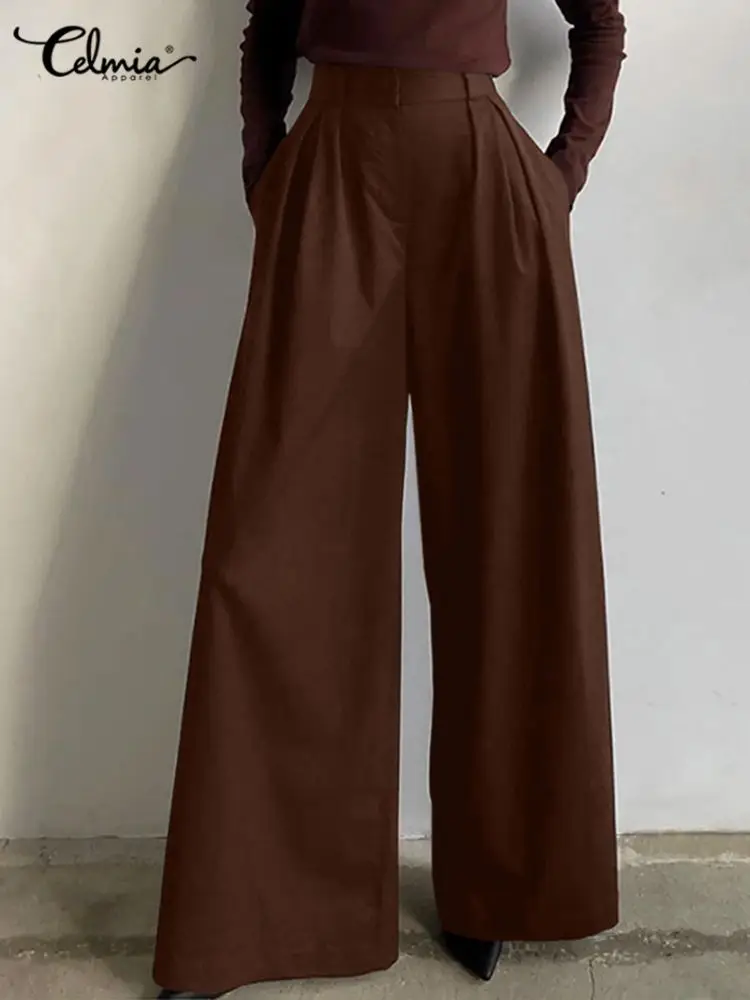 

Celmia Casual Solid Color Pantalon Loose Elastic Waist Long Trousers Women Wide Leg Pants 2023 Fashion Office Lady Oversized