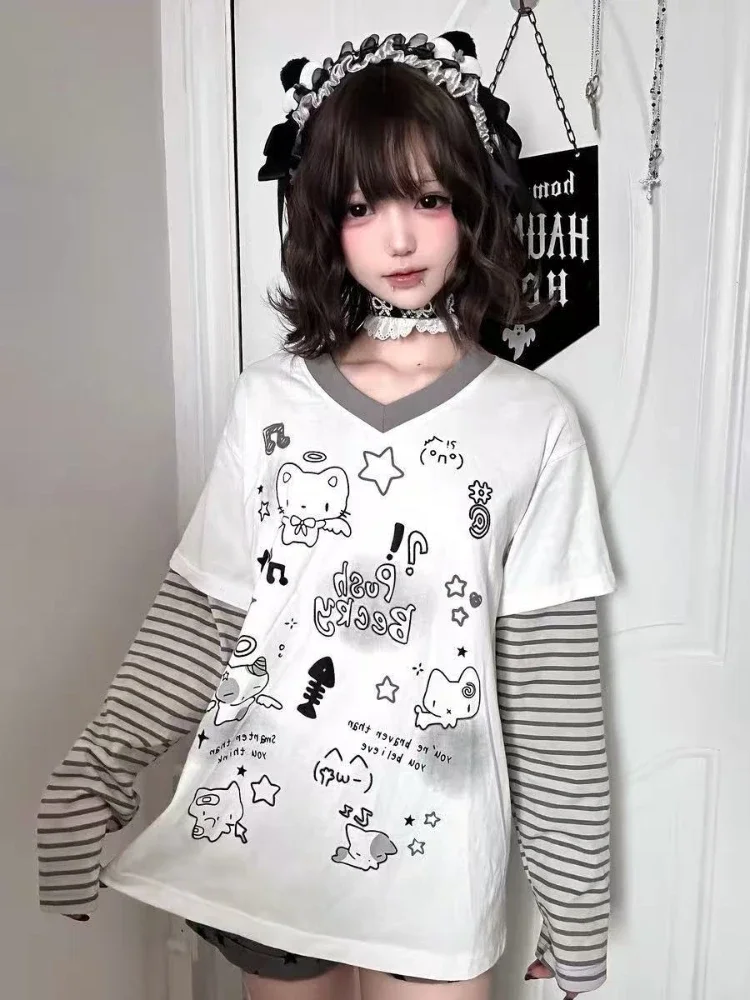 Фото Новые Y2k белые Kawaii Juminocore женские поддельные футболки из двух предметов милые полосатые футболки с длинными рукавами в японском стиле свободные эстетические №1