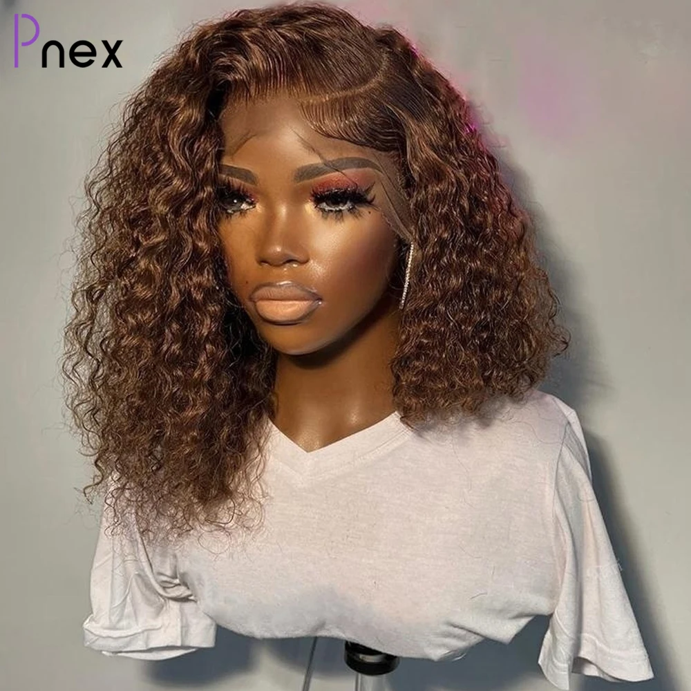 

Glueless Human Hair 4# Brown Bob Wig Curly Weave Lace Front Brazilian Remy Human Hair Wigs Transparent 4x4 Lace Closure Wig 180%