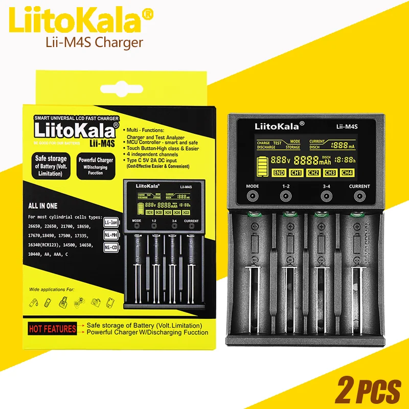 

LiitoKala2PCS Lii-M4S Lii-M4 18650 умное зарядное устройство с ЖК-дисплеем для 26650 21700 32650 20700 21700 AA AAA батарея/5V 2A USB