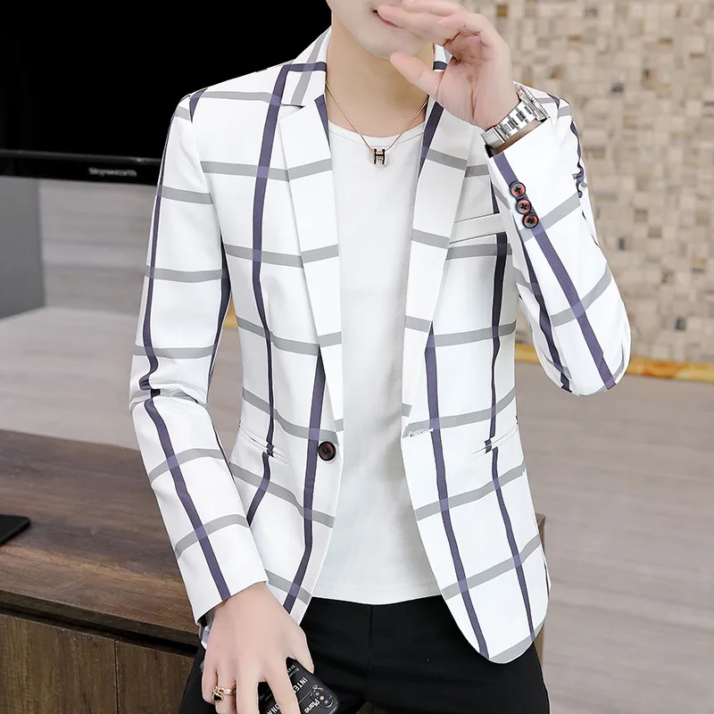 

HOO 2022 Men's Spring and Autumn New Casual Slim blazer Youth Plaid Fashion Tailored blazer