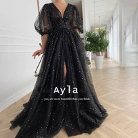 boho summer chiffon side slit tulle prom dresses with puff sleeve grace prom gowns a line formal party dresses mae da noiva