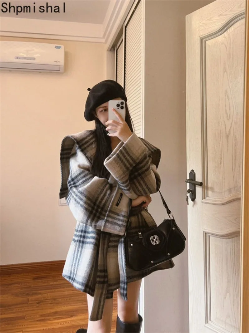 Зимнее Новое утолщенное винтажное шерстяное пальто в клетку для женщин