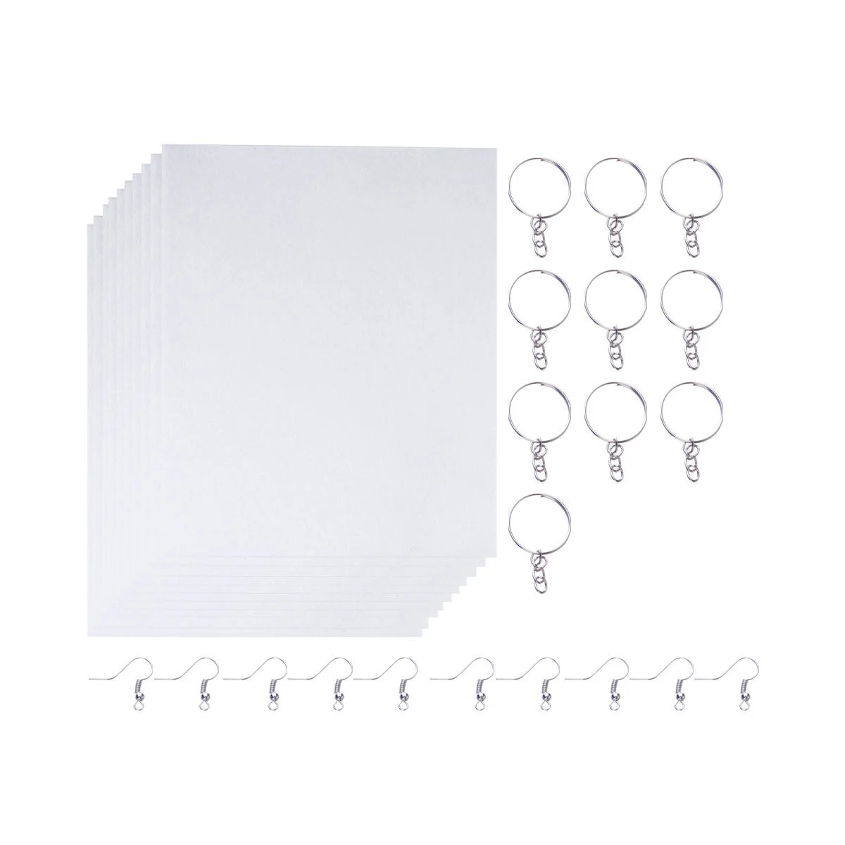 

10 Sheets Heat Shrink Sheets Pack Shrinky Crafts Set Blank Film Paper with 10PCS Key Chains Ear Hooks Accessories for DIY